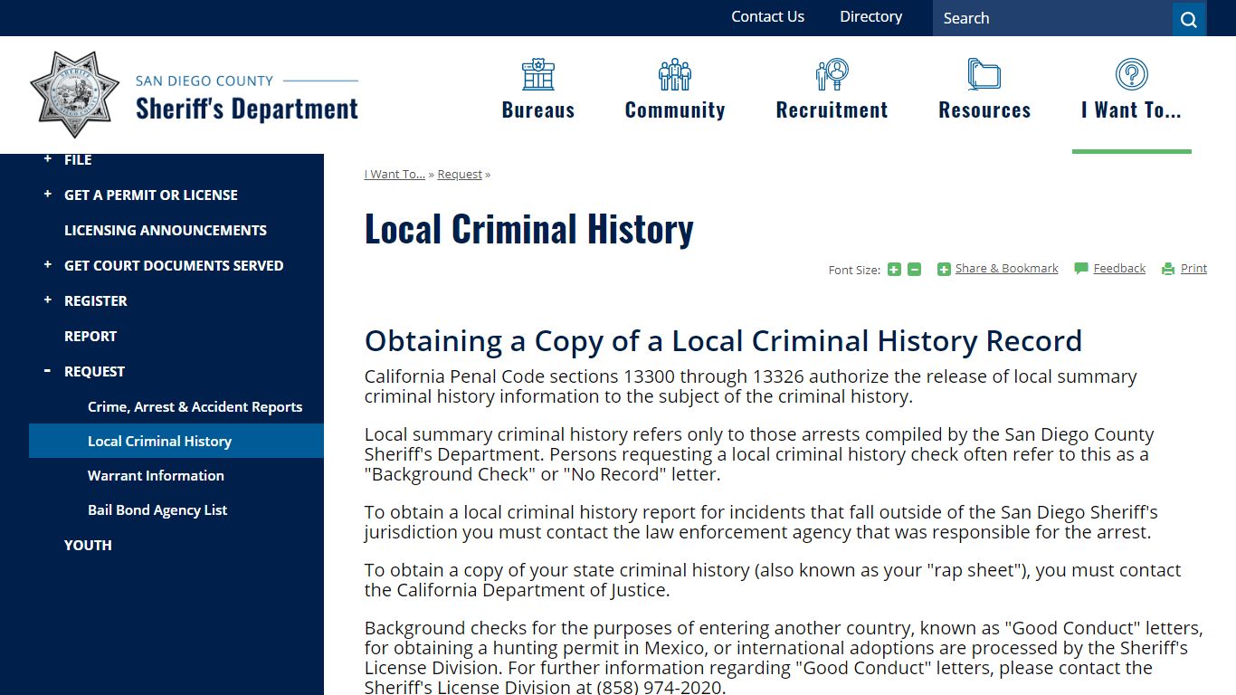 Local Criminal History | San Diego County Sheriff